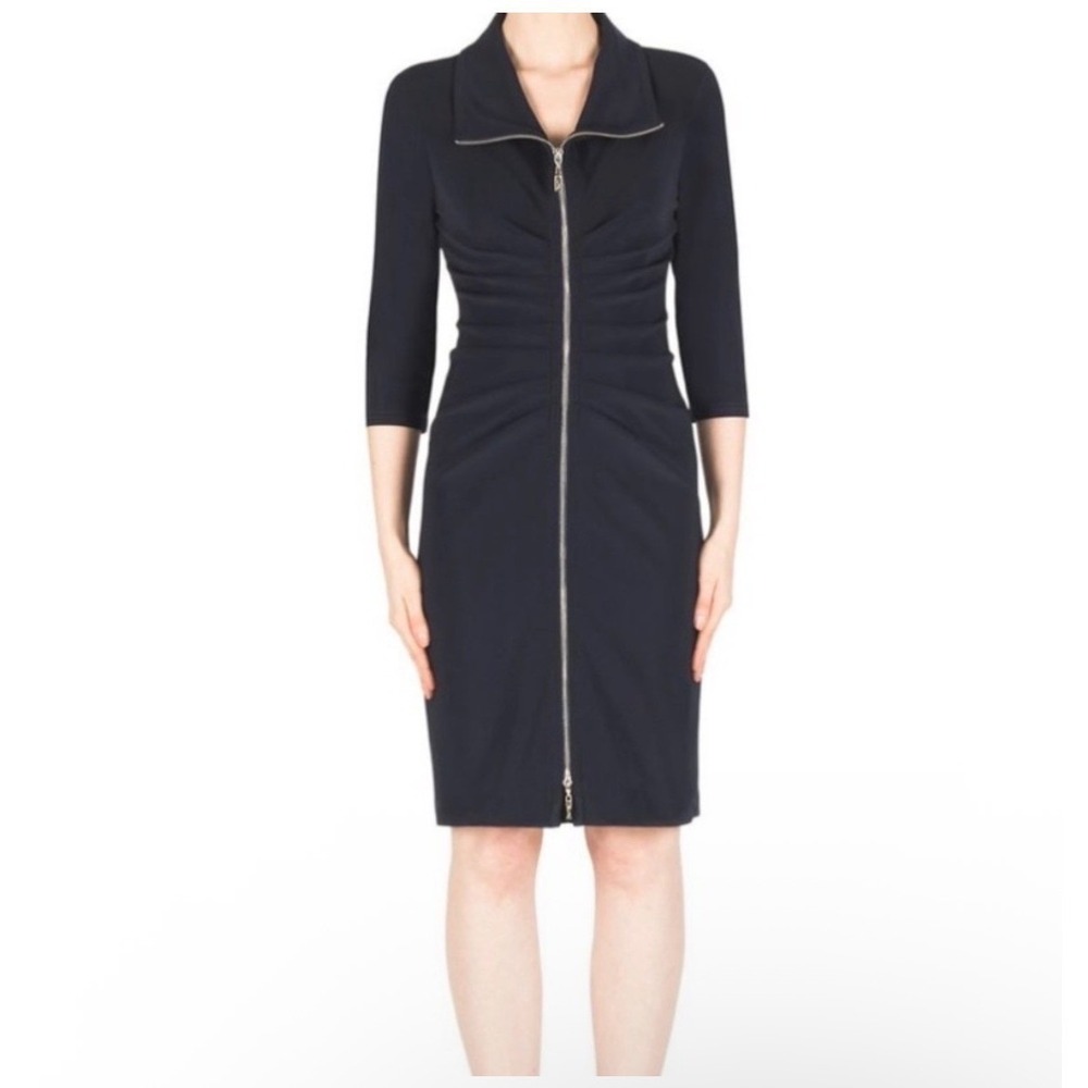 Joseph Ribkoff Vintage Black Ruched Zippered Front Sheath Dress 3/4 Sleeve Sz 14